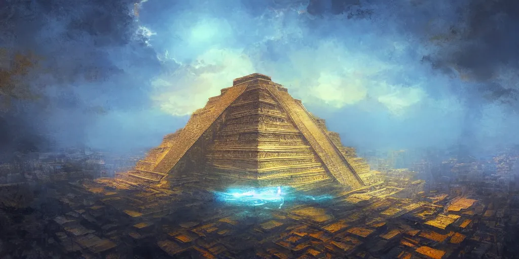 Prompt: Golden City mayan pyramid, temple, amazon, with blue light inside, chaos, drone view, inspiration artstation, by Craig Mullins,highly detailed, digital painting, masterpiece, golden hour, 8k photography