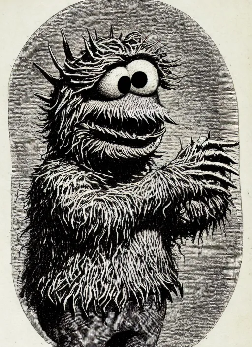 Image similar to cookie monster as a demon from the dictionarre infernal, etching by louis le breton, 1 8 6 9, 1 2 0 0 dpi scan, ultrasharp detail, clean scan