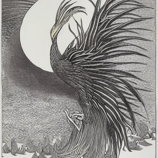 Image similar to A phoenix in fire bathes where water lilies are floating, lithography by Aubrey Beardsley, High definition, detailed,