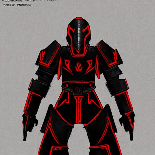 Image similar to concept art of a black and red armored soldier inspired by jin roh anime