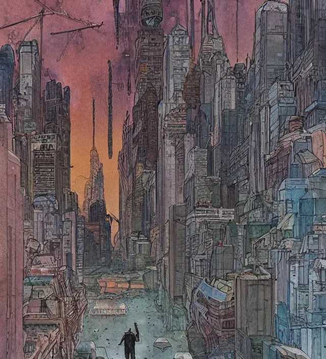 Image similar to a watercolor ink painting of a post - apocalyptic new - york in the style of jean giraud in the style of moebius trending on artstation deviantart pinterest detailed realistic hd 8 k high resolution