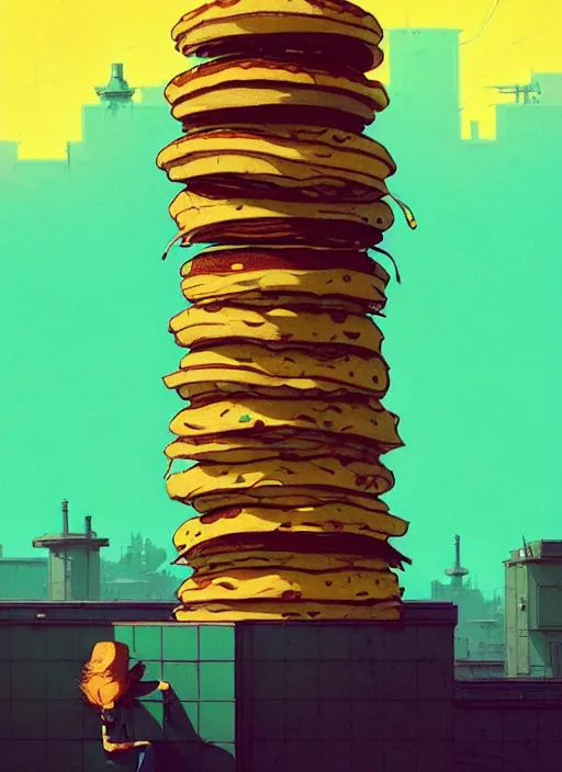 Image similar to highly detailed portrait of a huge stack of pancakes by atey ghailan, james gilleard, by joe fenton, by greg rutkowski, by greg tocchini, by kaethe butcher, 4 k resolution, gradient yellow, black, brown and cyan color scheme, grunge aesthetic!!! ( ( dystopian graffiti tag wall in background ) )