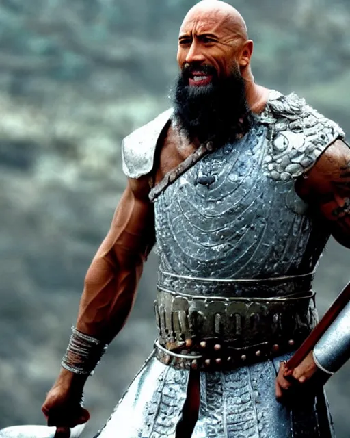 Image similar to Film still close-up shot of Dwayne Johnson as marcus aurelius decimus meridius from the movie Gladiator. Photographic, photography