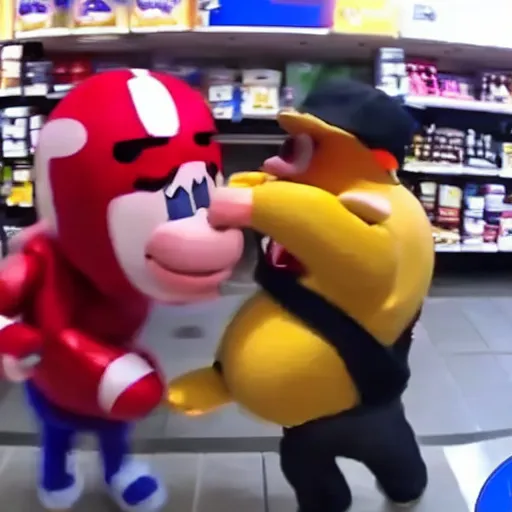 Image similar to bodycam photo of a drunk chris evans beating a small store mascot, wide angle, fisheye, uhd, 8 k, bodycam, award winning,