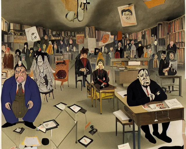 Image similar to the horror of beaurocracy, papers, horror, desks, office, waiting, stress, frustration, anger, crowded, harsh cinematic lighting, high qulity, 4 k, by charles addams and hilma af klint and affandi