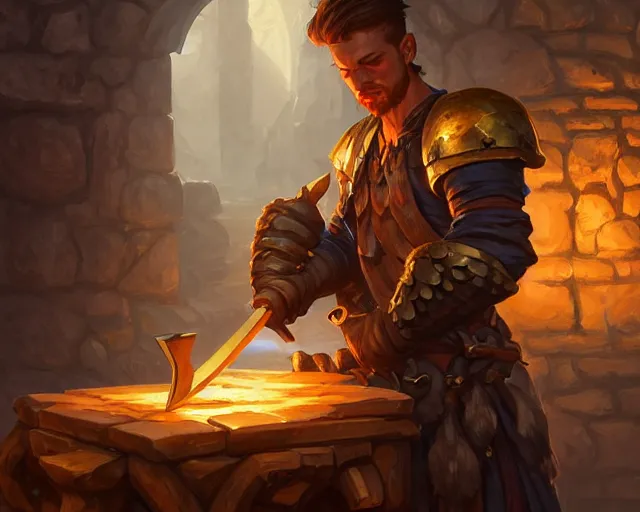 Prompt: a blacksmith hitting a forged sword, deep focus, d & d, fantasy, intricate, elegant, highly detailed, digital painting, artstation, concept art, matte, sharp focus, illustration, hearthstone, art by artgerm and greg rutkowski and alphonse mucha