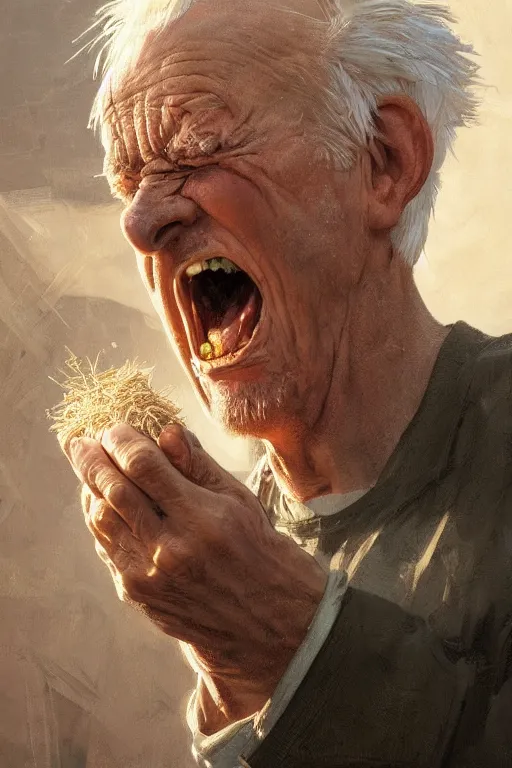 Image similar to an old man yelling at a pile of hay, realistic painting, symmetrical, highly detailed, digital painting, artstation, concept art, smooth, sharp focus, illustration, cinematic lighting, art by artgerm and greg rutkowski and alphonse mucha