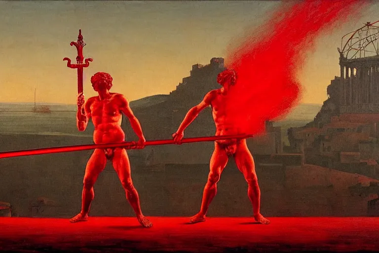 Prompt: only with red, a red melted apollo with a laurel wreath and a flaming sword announce win, athens in background, in the style of beksinski, parts by edward hopper, parts by rodcenko, parts by yue minjun, intricate and epic composition, red by caravaggio, insanely quality, highly detailed, masterpiece, red light, artstation, 4 k