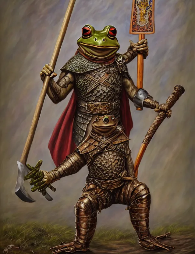 Image similar to anthropomorphic bipedal frog that is dressed as a medieval barbarian, and holding a giant club, as a matte oil painting, d & d character reveal, by alex grey, standing, fullbody, tattoos, piercings, knickknacks, mystic, concept art, award - winning, extremely detailed, sharp focus