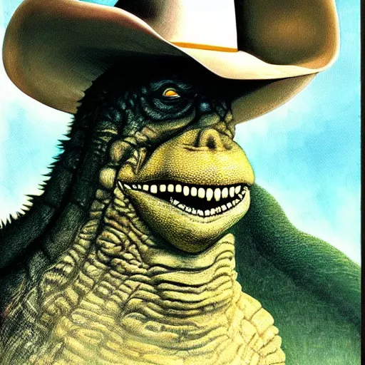 Image similar to beautiful lifelike painting of godzilla wearing a cowboy hat, hyperreal detailed facial features and uv lighting, art by ed roth and basil wolverton