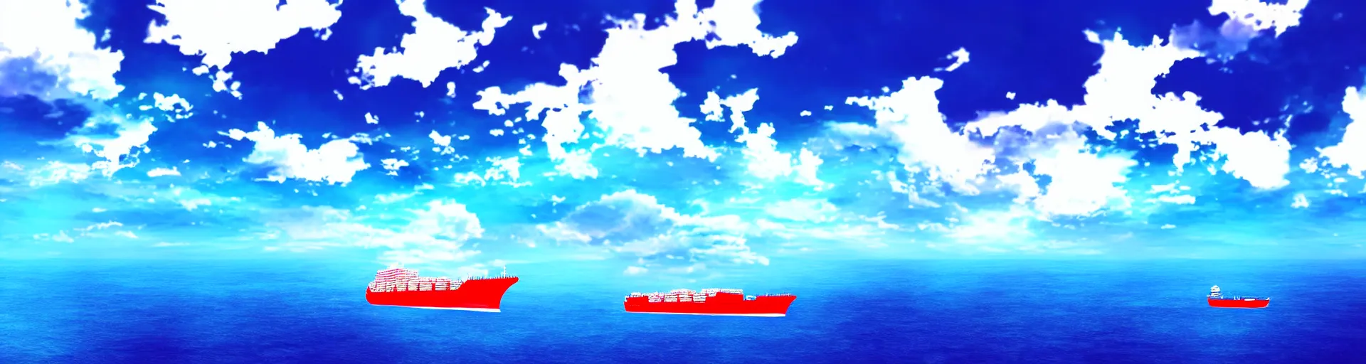 Prompt: in front of clouds, a big ship alone in ocean, clear blue sky background, don't have human, landscape, anime style