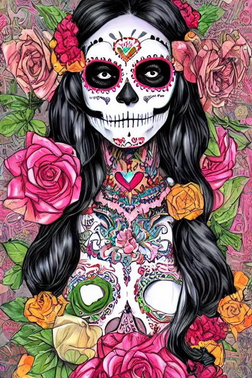 Image similar to illustration of a sugar skull day of the dead girl, art by kenneth rocafort