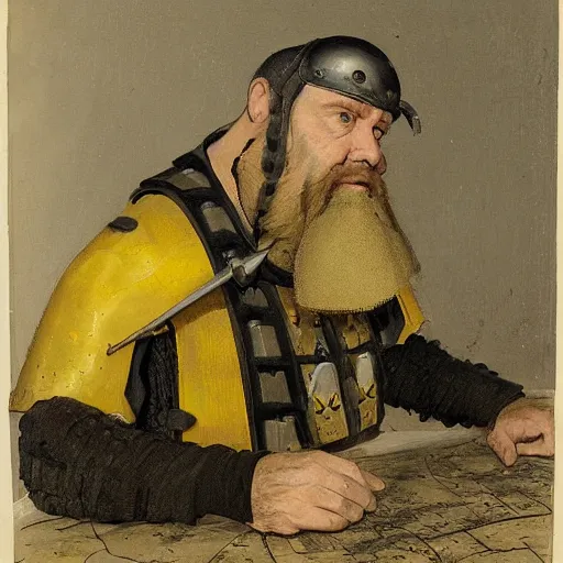 Image similar to Portrait of frustrated and acerbic male medieval sergeant with a short beard wearing a {black and yellow tabard} over a steel breastplate and a black gambeson looking at a war map on a table, by Greg Rutkowski, {perfect face}, {perfect eyes}, fantasy