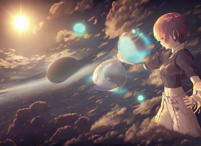 Image similar to total solar eclipse, soft lens, soft light, cel - shading, animation, in the style of cgsociety, deviantart, artstation, zbrush, cinema 4 d, studio ghibli, akihiko yoshida, atelier lulua, masamune shirow