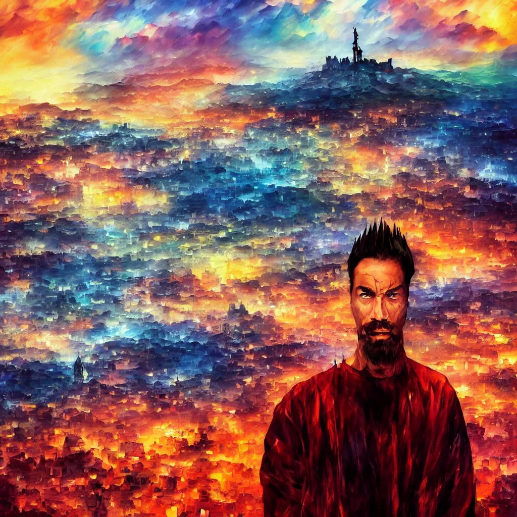 Image similar to the crowned king!!! looking mad with anger in his eyes, looking down on the city of blood and prisms from above the mountain, night skies, dramatic light, hyperrealistic, colorful skies, digital art, studio portrait absurdly beautiful, elegant, graceful, alena aenami, leonid afremov, wayne barlowe