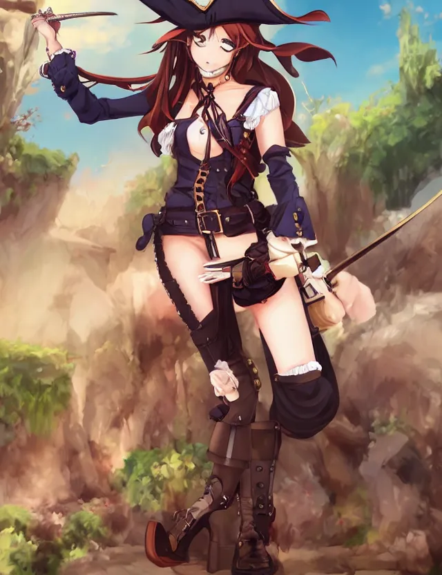 Prompt: scenic wide angle portrait of a female pirate, a cute uniform, somewhat of an anime in fantasy style, trending artwork, made with anime painter studio, by anato finstark, tony sart and an anime artist, collaboration