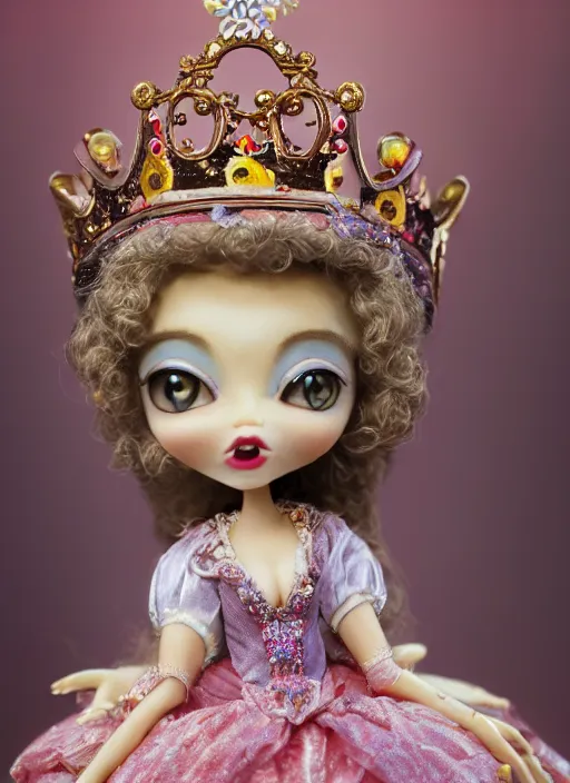 Image similar to closeup profile portrait of tin toy fairytale princess wearing a crown, bikini, depth of field, zeiss lens, detailed, symmetrical, centered, fashion photoshoot, by nicoletta ceccoli, mark ryden, lostfish, breathtaking, 8 k resolution, extremely detailed, beautiful, establishing shot, artistic, hyperrealistic, octane render