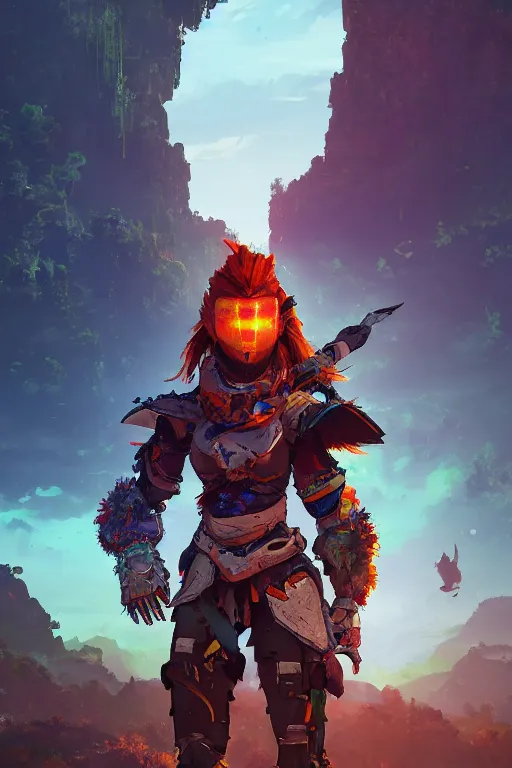 Image similar to combination suit armor aloy horizon forbidden west horizon zero dawn radiating a glowing aura global illumination ray tracing hdr fanart arstation by ian pesty and alena aenami artworks in 4 k tribal robot ninja mask helmet backpack