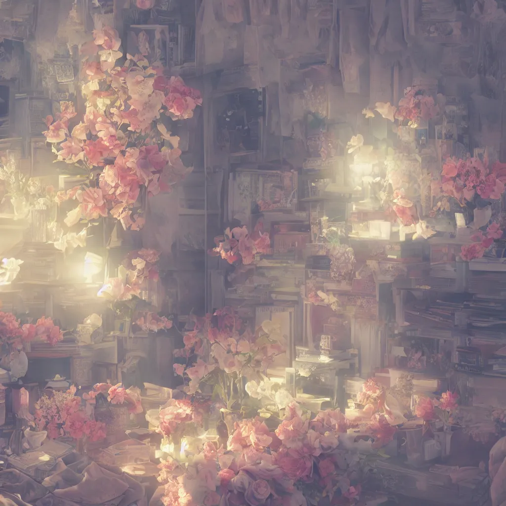 Prompt: cold drinks, ice cream, peach embellishment, books and flowers, in the style of makoto shinkai, dreamy, soft, global illumination, radiant light, intricate environment, luminescence, highly detailed, 8 k