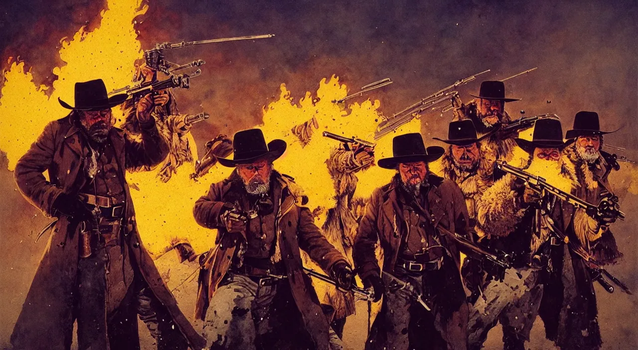 Image similar to epic action gunfight battle scene with fire and explosions from The Hateful Eight by Quentin Tarantino in style by Dave Gibbons, John Berkey, Beksinski Carl Spitzweg Moebius and Tuomas Korpi, trending on artstation, details, noisy film grain effect, wide shot, 30mm, intricate, 4k, very very high detailed perfect faces