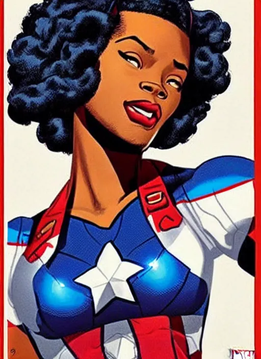 Image similar to beautiful black female captain america. afro - feminist captain america wins wwii. american wwii propaganda poster by james gurney, rob liefeld and pixar. gorgeous face. overwatch, realistic. black power