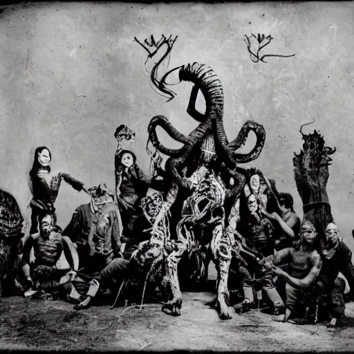 Image similar to historic photo, epic image of a Lovecraft circus with otherworldly beasts