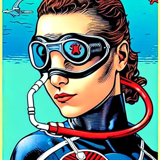 Image similar to tarot card of portrait of a female diver with a oxygen mask intricate detailed mask with front profile by MARVEL comics and Sandra Chevrier