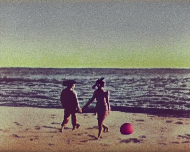 Prompt: a couple walks on the beach, hundreds of multicolored orbs float in the sky, violet and yellow sunset, polaroid photo, whimsical and psychedelic, 1 9 6 0 s, grainy, expired film, glitched