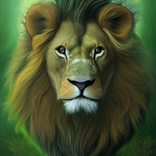 Prompt: green lion, deer antlers hybrid fantasy illustration, digital art, max details, hyper realistic, 8 k resolution, intricate, elegant, highly detailed, digital painting, artstation, concept art, matte, sharp focus, illustration, by james gurney, graeme base, brian froud, alan lee