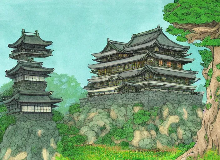 Image similar to japanese fortress in a city inside the forest by studio ghibli painting