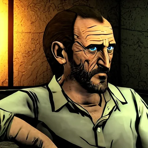 Image similar to Mike Ehrmantraut in the wolf among us, ultra realistic, highly detailed, 4K, 2 colored lighting. extremely interesting