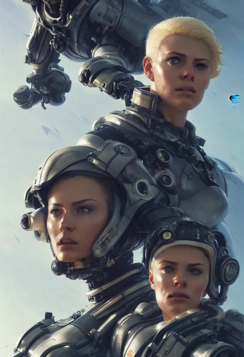 Image similar to stoic heroic emotionless handsome butch blonde woman engineer in flight suit, ultra high definition, ultra detailed, symmetry, matte painting, by greg rutkowski and ross tran and wlop