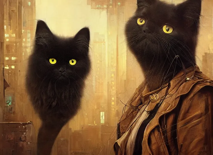 Image similar to ymmetrical portrait of black persian cat staring contemptuously at people, dystopian atmosphere, high tech low life, an ultrafine detailed painting by by karol bak and filip hodas, trending on deviantart, pop surrealism, whimsical, lowbrow, perfect symmetrical face, sharp focus, octane, masterpiece, art by hans giger and wayne barlowe