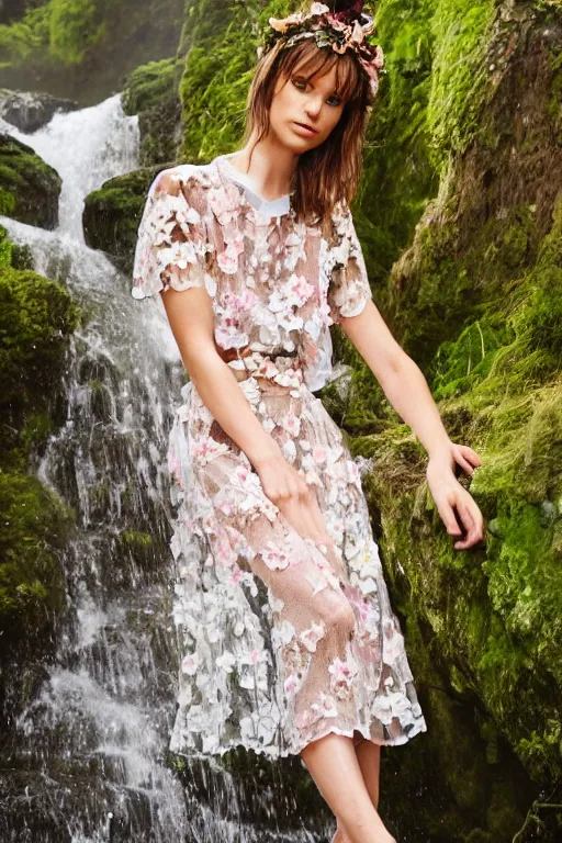 Image similar to hyperrealistic cute model in nature wearing valentino resort 2 0 1 6 spring floral, lace, patterned, sheer skirt, lounging by a waterfall, tranquil fashion scene