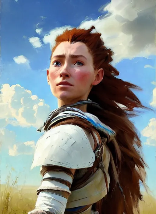Image similar to portrait of a caucasian Aloy from Horizon Zero Dawn in white clothes, countryside, calm, fantasy character portrait, dynamic pose, above view, sunny day, clouds in the sky, artwork by Jeremy Lipkin and Giuseppe Dangelico Pino and Michael Garmash and Rob Rey and Greg Manchess, very coherent asymmetrical artwork, sharp edges, perfect face, simple form, 100mm