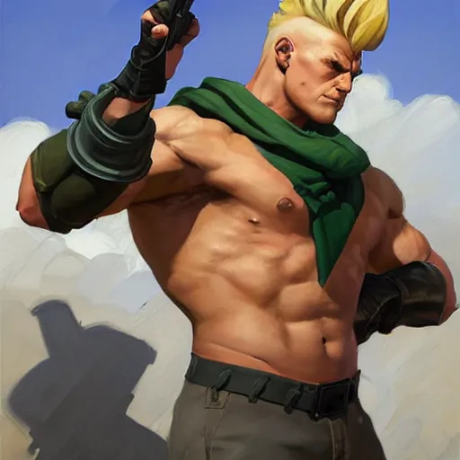 Image similar to greg manchess portrait painting of partially armored guile from street fighter as overwatch character, medium shot, asymmetrical, profile picture, organic painting, sunny day, matte painting, bold shapes, hard edges, street art, trending on artstation, by huang guangjian and gil elvgren and ross tran