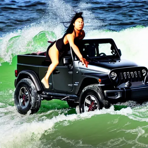 Image similar to an angry asian girl surfing on a black jeep wrangler