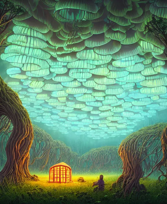 Image similar to an enormous schoolhouse made from jellyfish, overgrown with huge bioluminescent exotic fungus, deep in the woods, noon, sun drenched, partly cloudy, by dan mumford, yusuke murata, makoto shinkai, ross tran, cinematic, unreal engine, cel shaded, featured on artstation, pixiv