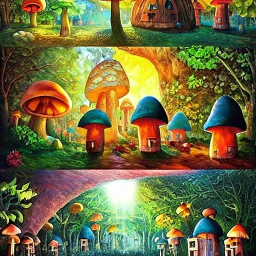 Image similar to glowing mushroom houses in a forest village, mushroom architecture, art by ricardo bofill, james christensen, rob gonsalves, paul lehr, leonid afremov and tim white