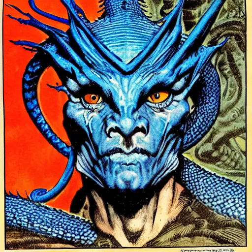 Image similar to head and shoulders portrait of a medieval d & d fantasy anthropomorphic blue dragon - headed sorcerer, comic book cover art by hr giger and frank miller