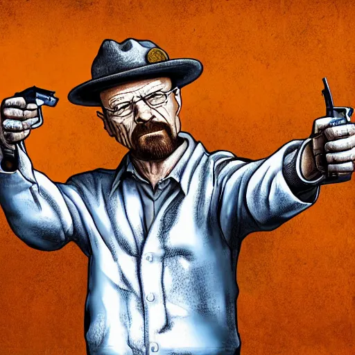 Image similar to Walter White pointing a revolver at right side, accurate anatomy, highly detailed, digital art