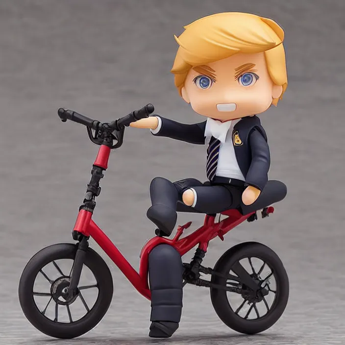 Image similar to donald trump, an anime nendoroid of donald trump riding a bike, figurine, detailed product photo