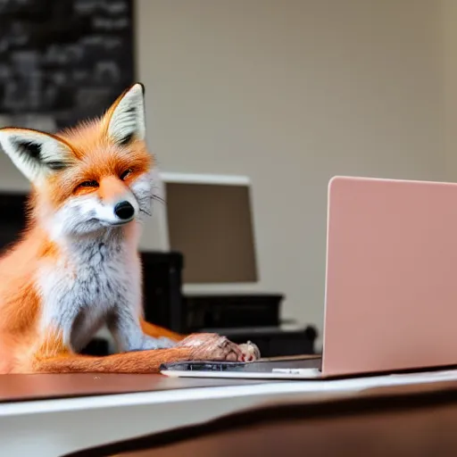 Image similar to A light pink anthropomorphic fox sits at a desk typing on a laptop with a cup of coffee