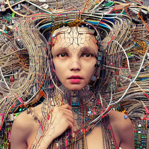 Image similar to swimming deeper into the multiverse, piles of modular synth cables mixed with mangrove roots, kawaii puerto rican goddess chilling out wearing a headpiece made of circuit boards, by cameron gray, wlop, stanley kubrick, masamune, hideki anno, jamie hewlett, unique perspective, trending on artstation, 3 d render, vivid