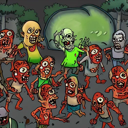 Prompt: A horde of zombies chasing a frightened child