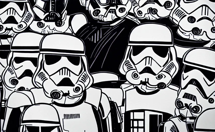 Image similar to darth vader on the death star surrounded by storm troopers and tie fighters, in the style of studio ghibli