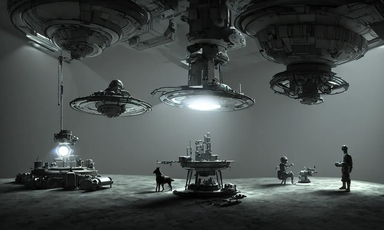 Prompt: sitting dog watching tired soldier repairing secret flying saucer, in dark futuristic laboratory, shadow cast of dark mirror ground, volumetric lighting, volume fog, subsurface scattering, dramatic lighting, high detail, from new scifi by digital domain and weta digital, strong ambient occlusion