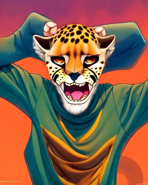 Image similar to don bluth, loish, artgerm, joshua middleton, anthropomorphic cheetah, wearing a track suit, smiling, symmetrical eyes symmetrical face, colorful animation forest background