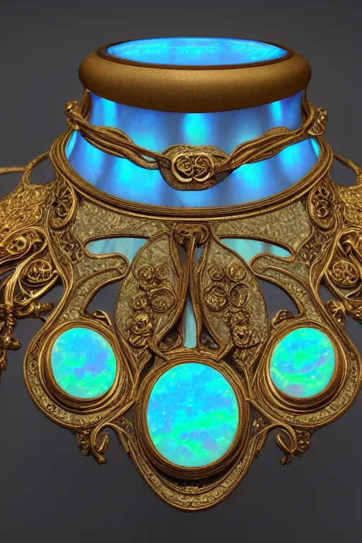 Prompt: historical, art nouveau, opals and cyan gemstone choker, glowing inside, octane render, realistic, dramatic light, 3 d, photograph 4 k,