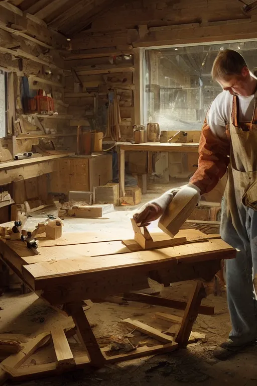 Prompt: simple craftsman fine woodworker building a wooden table in their well lit clean open workshop, thomas lawrence, greg rutkowski